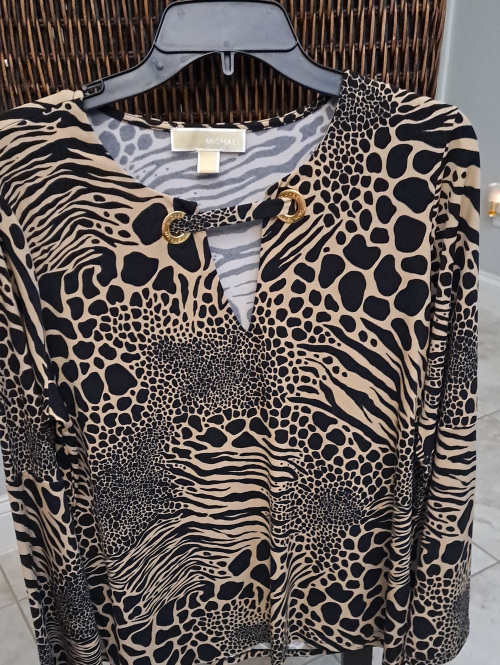 Michael Kors Black & Beige Animal-Print Tunic with Gold Eyelet Detail